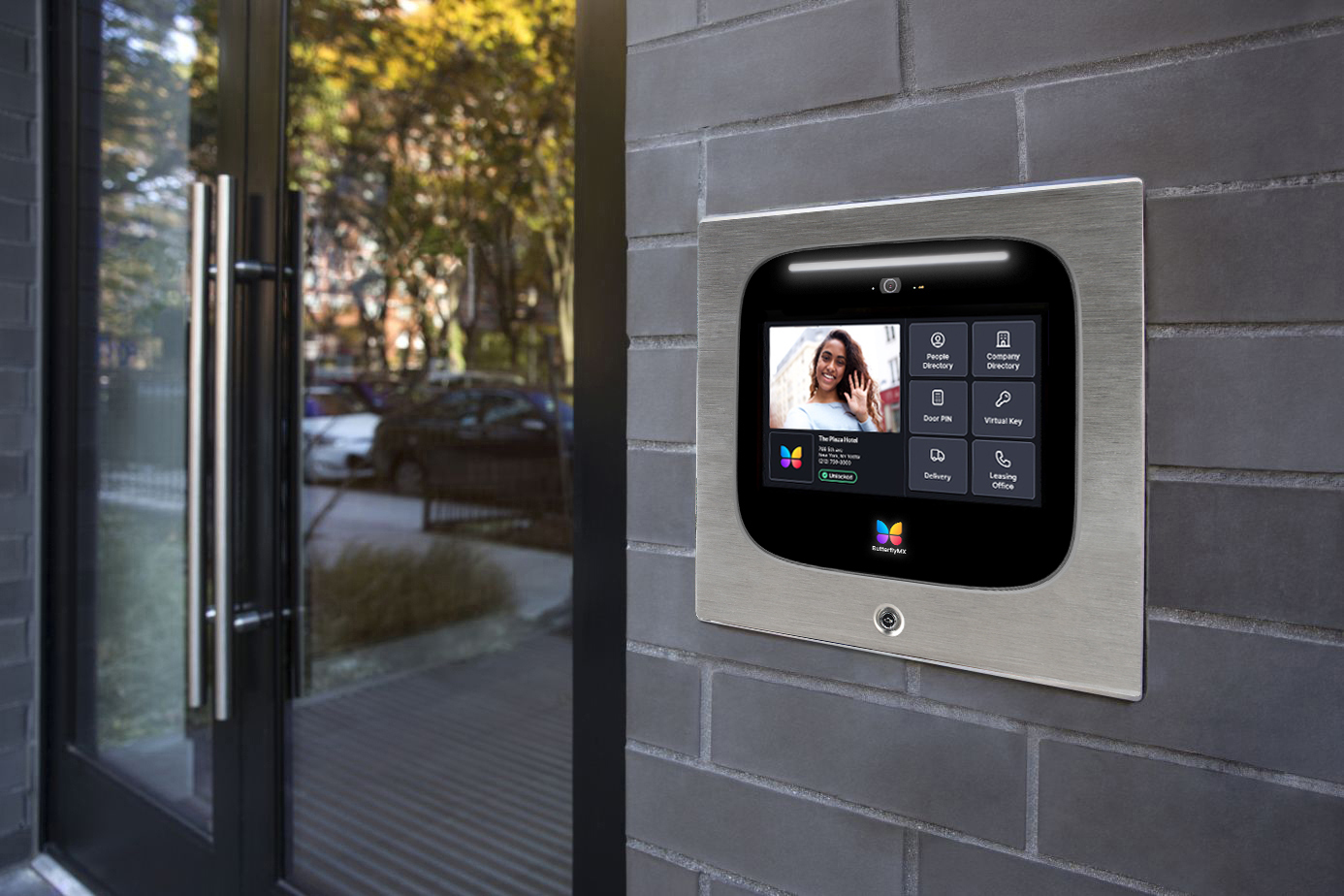 A recessed ButterflyMX intercom in an appartment building