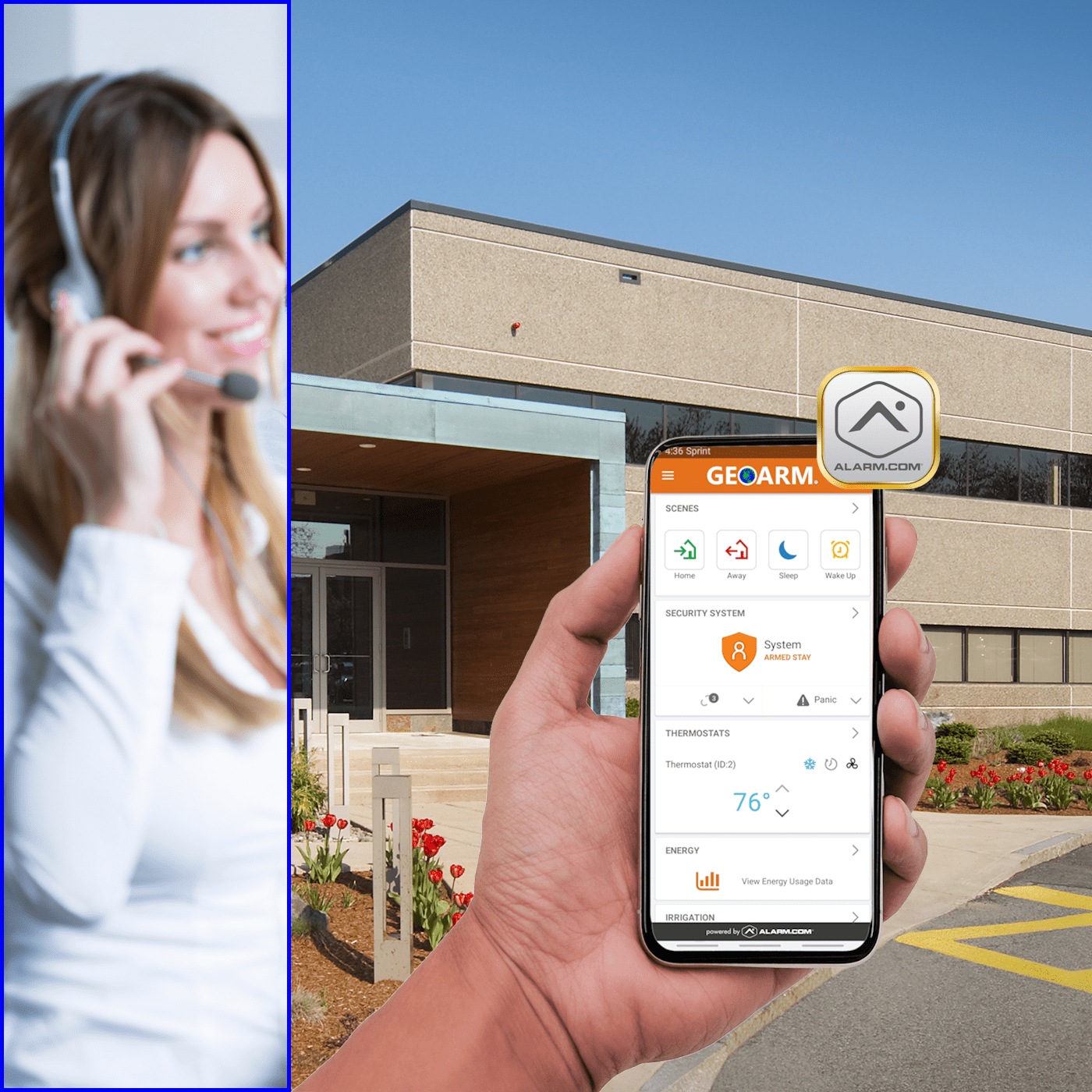 Qolsys alarm systems app in front of a building with a call center woman on the phone